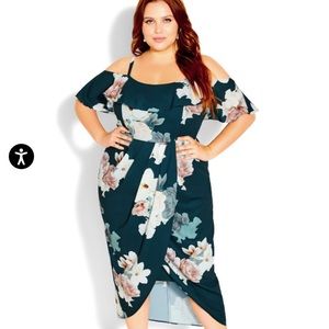 City Chic off the shoulder tulip hem dress. Teal,dusty rose,cream. Size XXL 24